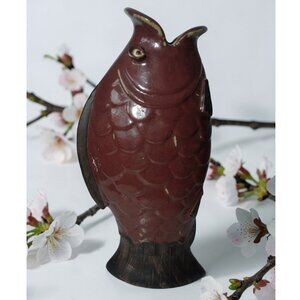 Vintage Large Art Pottery Koi Fish Open Mouth Vase 14.5" 3D Eyes Coastal Asian